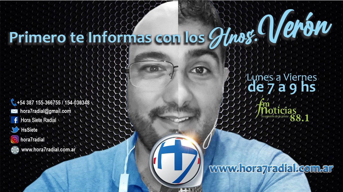 #Sintoniza #Escucha #Informate Comienza el día desde las 7 hs con <a href="/HsSiete/">Hora 7</a> FM Noticias 88.1 c/los HNOS. VERÓN <a href="/HugoAntonioVero/">Hugo Antonio Veron</a> <a href="/jdveron/">javier veron</a> y <a href="/Abraham_DCampos/">Abraham Campos</a> <a href="/Belerrera/">Belén Herrera 🌱</a> . #Info #Noticias #Entrevistas #Desayunos #Opinión