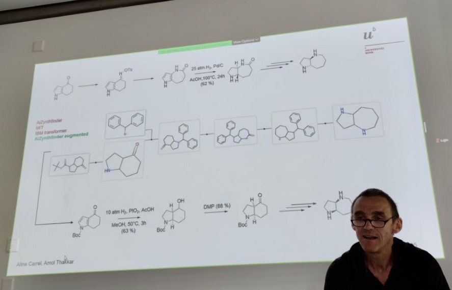 AiddOne's tweet photo. Jean-Louis Reymond @reymondgroup speaks about an example of AI-based (AiZynthFinder) inspired synthesis of new bioactive molecules https://t.co/SVnH4b9z8f