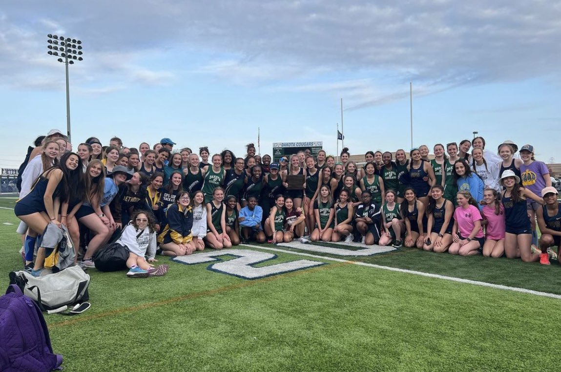 DHSTrackField's tweet photo. Dakota girls win the MAC Red with our seniors graduating undefeated! GPSouth girls cheered like we’ve never seen before and joined us for a group pic. Track is different: fiercely competitive during the race but after crossing the finish line, it’s like we’re best friends. https://t.co/RvYudszqi7