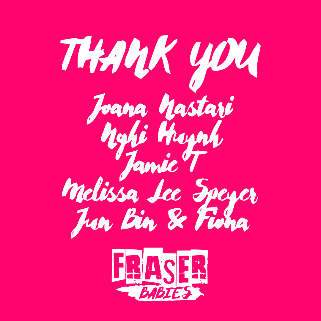 TheJoyOffensive's tweet photo. Thank you to these legends for backing Fraser Babies: The Gig! ❤
@JoanaNastari  @BuddhaDeFunkt  @rushjet__ Melissa Lee Speyer and Jun Bin &amp; Fiona
Join the ranks? Campaign closes Monday 16 May.
#FraserBabies https://t.co/lNKMoCqKkW https://t.co/d5Tgo4oFJ2
