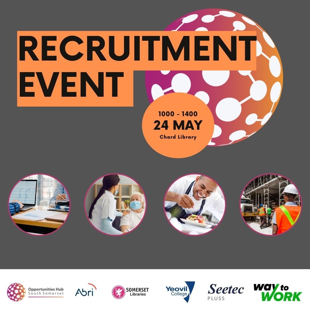 Southsomersetdc's tweet photo. The South Somerset Opportunities Hubs are co-hosting TWO recruitment events alongside @abrigroup @PlussInspires @DWP and @YeovilCollege with local businesses recruiting in the Chard and Yeovil areas in attendance. For more information visit https://t.co/GHDAHazC1P #getintowork https://t.co/icuqqJqrjw