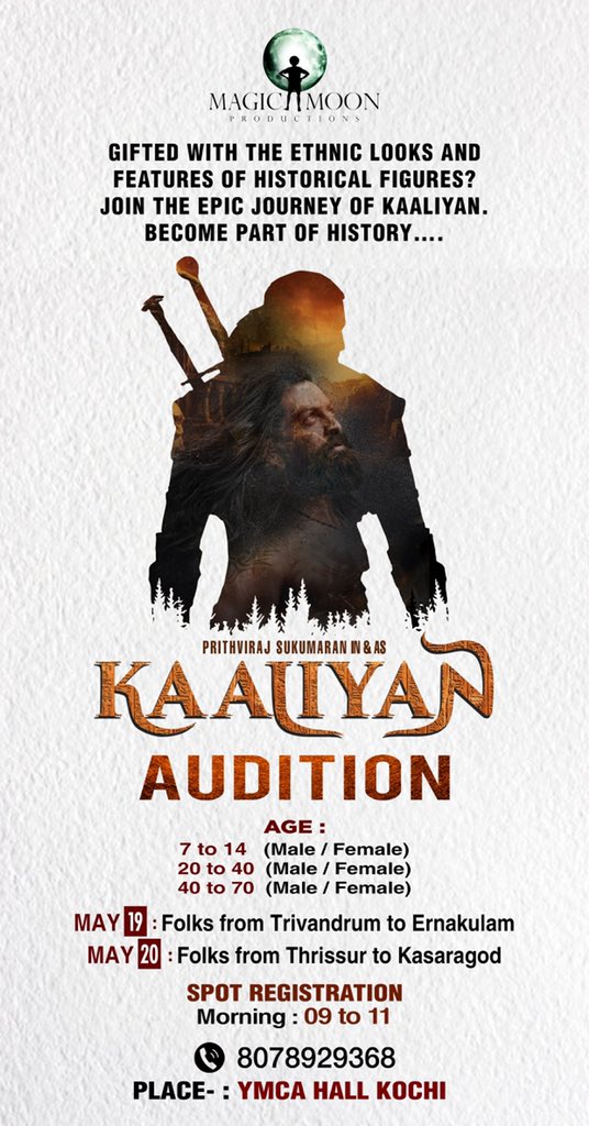 MagicMoonProd's tweet photo. The @KaaliyanMovie casting call! ⚔️

@PrithviOfficial in &amp; as #KAALIYAN 

#RajeevGovindan #SMahesh @sujithvasudev #BTAnilKumar @MagicMoonProd @Poffactio https://t.co/CkjyqtnLlv