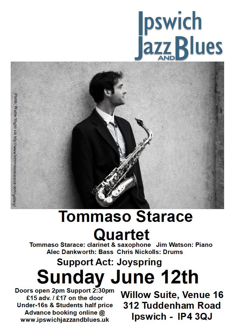 StephenFoz's tweet photo. After last Sunday’s superb gig at @venue16ipswich by @Harlemmeercats, @ipsjazzandblues’ attention now turns to next month’s star attraction - #TommasoStarace. The Italian #jazz great and his all star band perform the music of #CharlieParker. Support from #Joyspring. https://t.co/Ad2oAmcrVS
