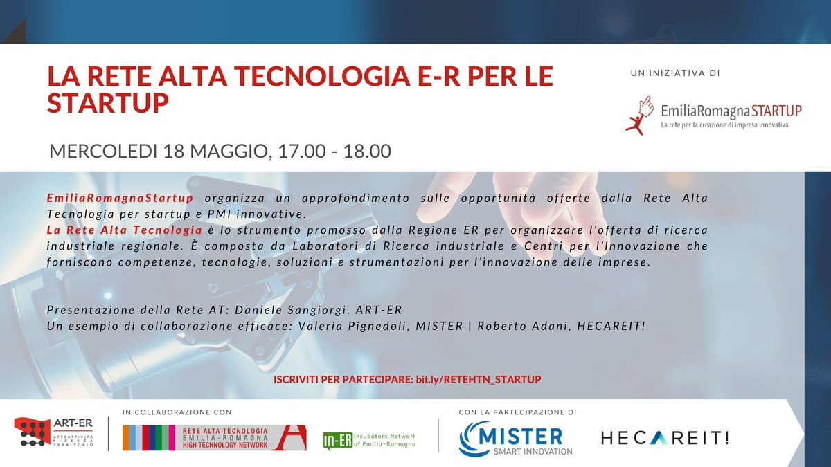 <a href="/erstartup/">EmiliaRomagnaStartUp</a> organizza un webinar di approfondimento sulle opportunità offerte dalla Rete Alta Tecnologia per startup e #PMI innovative.
Programma e modalità di iscrizione al webinar
emiliaromagnastartup.it/it/innovative/…