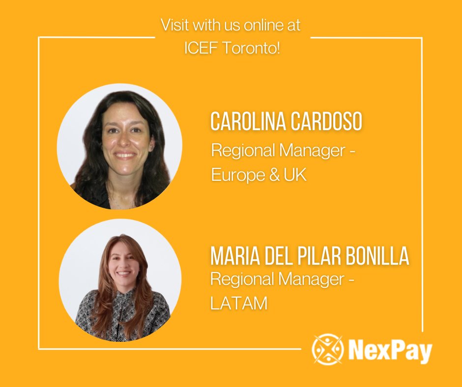 NexPay's tweet photo. If you are attending ICEF Toronto be sure to stop by Booth #23 to talk w/ Camila! 

Attending virtually? So are Carolina &amp; Maria del Pilar!

We are excited to share all the ways NexPay can help you make international payments easy!

Schedule a meeting with our team today!

#ICEF https://t.co/kPEWgoBPgQ
