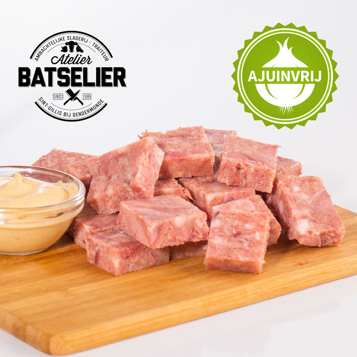 ajuinvrij's tweet photo. Duurzame gezondheid kan je bereiken door regelmatig Dendermonds #kopvlees te eten.
Het kopvlees van Atelier Batselier is als erkend streekproduct volledig #ajuinvrij. https://t.co/0EC3urSL5L