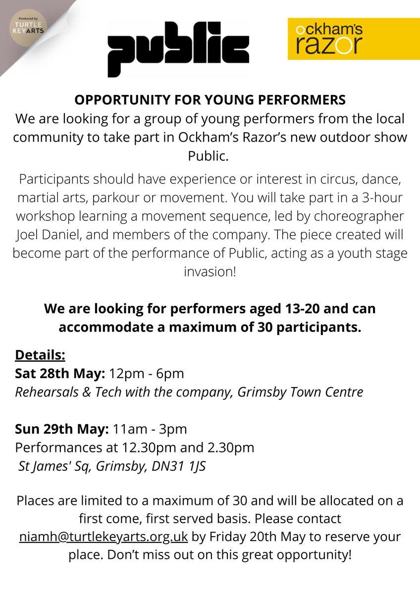 CALL OUT! Special #volunteers wanted to be part of <a href="/OckhamsRazorUK/">Ockham's Razor</a> ‘Stage Invasion’ in #Grimsby &amp; would involve rehearsing &amp; performing with the company. 
The show is all about young people reclaiming space &amp; taking back ownership. Dates 28 &amp; 29 May Link: buff.ly/3w2t6Fb