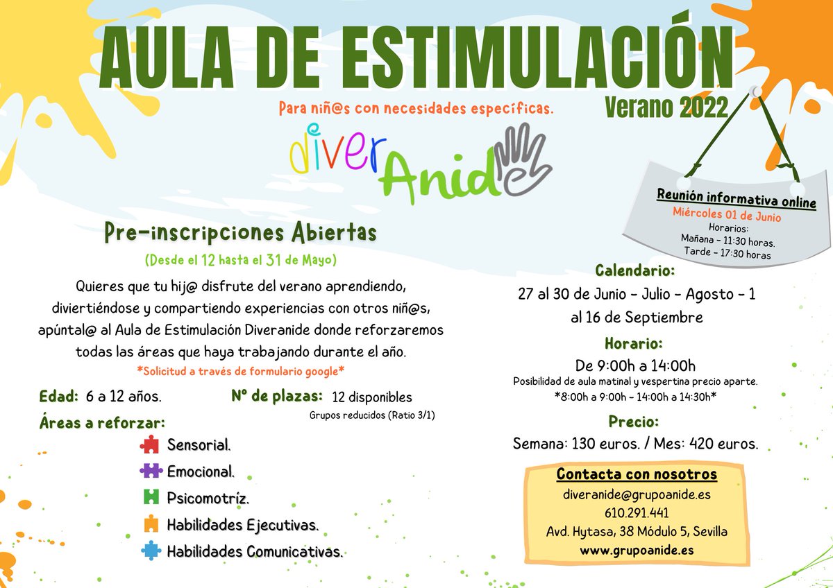 Quieres que tu hij@ disfrute del verano aprendiendo, divirtiéndose y compartiendo experiencias con otros niñ<a href="/s/">『S』</a>. Apúntal@ a nuestra Aula de Estimulación donde reforzaremos todas las áreas que haya trabajado durante el año.