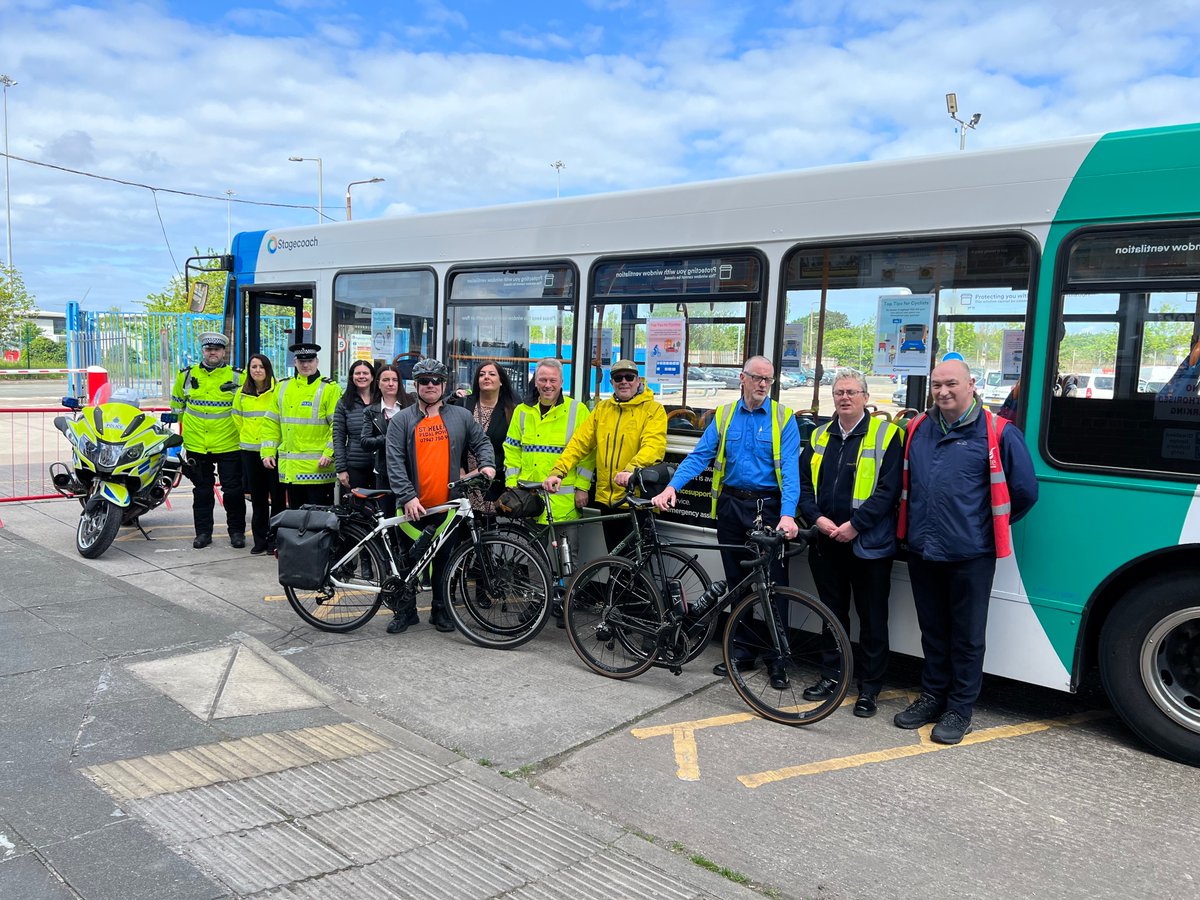 MerPolTraffic's tweet photo. Officers from #RPU, @Merseysidersp, @TravelsafeS in attendance at @StagecoachMCSL bus &amp; bike buddies event at #Gillmoss bus depot, raising awareness to keep #Cyclists safe. @Knowsley_roads. Call in if you’re passing #MRSP #Travelsafe. Find out more here https://t.co/MAGySTdbjQ https://t.co/8iUbUIOFoP