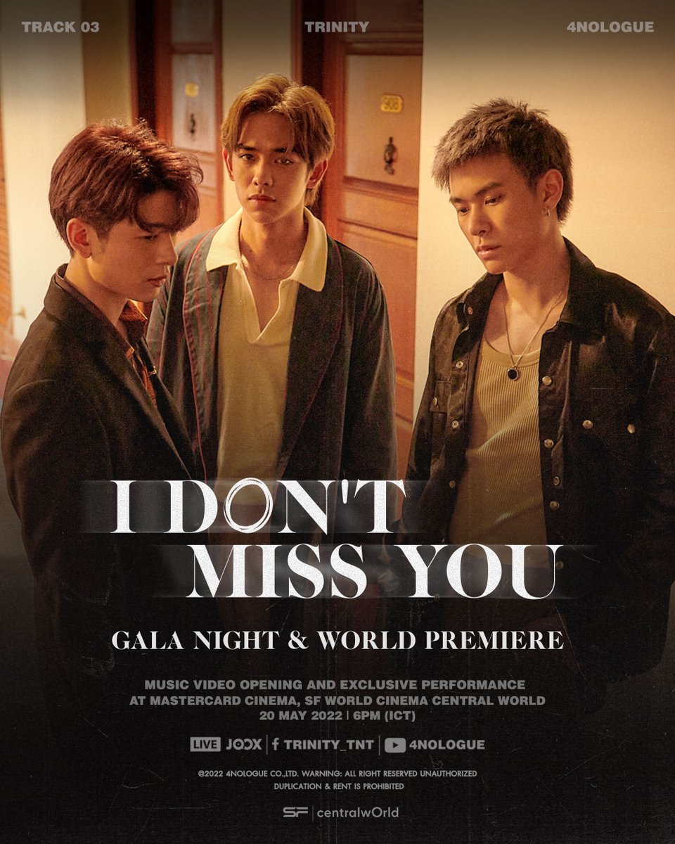 JOOXTH's tweet image. WELCOME EVERYONE WHO IS MISSING NO ONE TO THIS PLACE. ​
​
I DON’T MISS YOU​
GALA NIGHT &amp;amp; WORLD PREMIERE ​
​
STAY TUNED FOR THE LUCKY FANS ACTIVITY.​
​
#TRINITY_IDontMissYou​
#TRINITY_EP01BREATH​
#TRINITY_TNT​
#4NOLOGUE