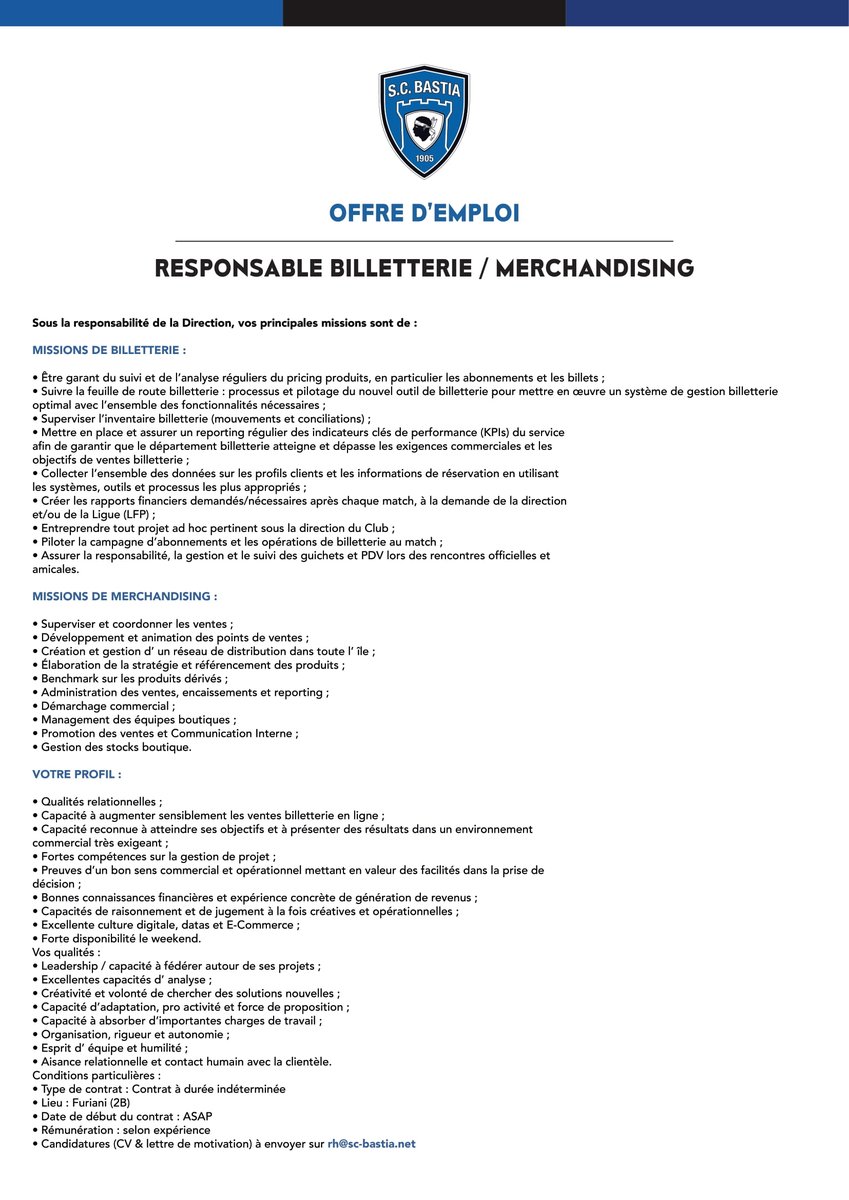 SCBastia's tweet photo. 𝐋𝐞 𝐒𝐂𝐁 𝐫𝐞𝐜𝐫𝐮𝐭𝐞 :

🔵 Un médecin
🔵 Un(e) Responsable Billetterie/Merchandising
🔵 Un(e) Alternant(e) ou stagiaire en Communication
🔵 Un(e) Assistant(e) Billetterie (emploi saisonnier)

📧 CV + lettre de motivation à déposer sur rh@sc-bastia.net https://t.co/5hkQFgJwTU