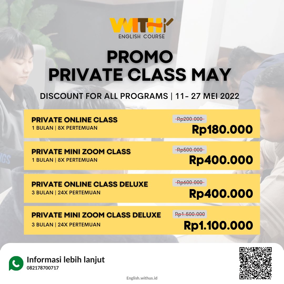 Withenglish_id's tweet photo. Promo Kelas WITH English‼️
Mau belajar yg jadwalnya bisa menyesuaikan jadwal kamu?☺️
Sudah belajar sendiri, tapi kadang malah tambah bingung?🤔
Mau persiapan TOEFL tapi bingung belajar dari mana?😱
Ada diskon khusus nih untuk kalian yang mau upgrade diri kalian!
#WITHEnglish https://t.co/DIWo7EAcTq