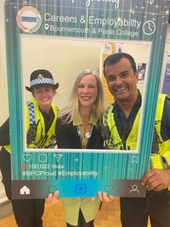 So far so good for Pcso Harold this week. Helping the Positive Action Team with the recruitment stand at the Bournemouth&amp;Poole College and this morning at a coffee morning @stmikesbournemouth.