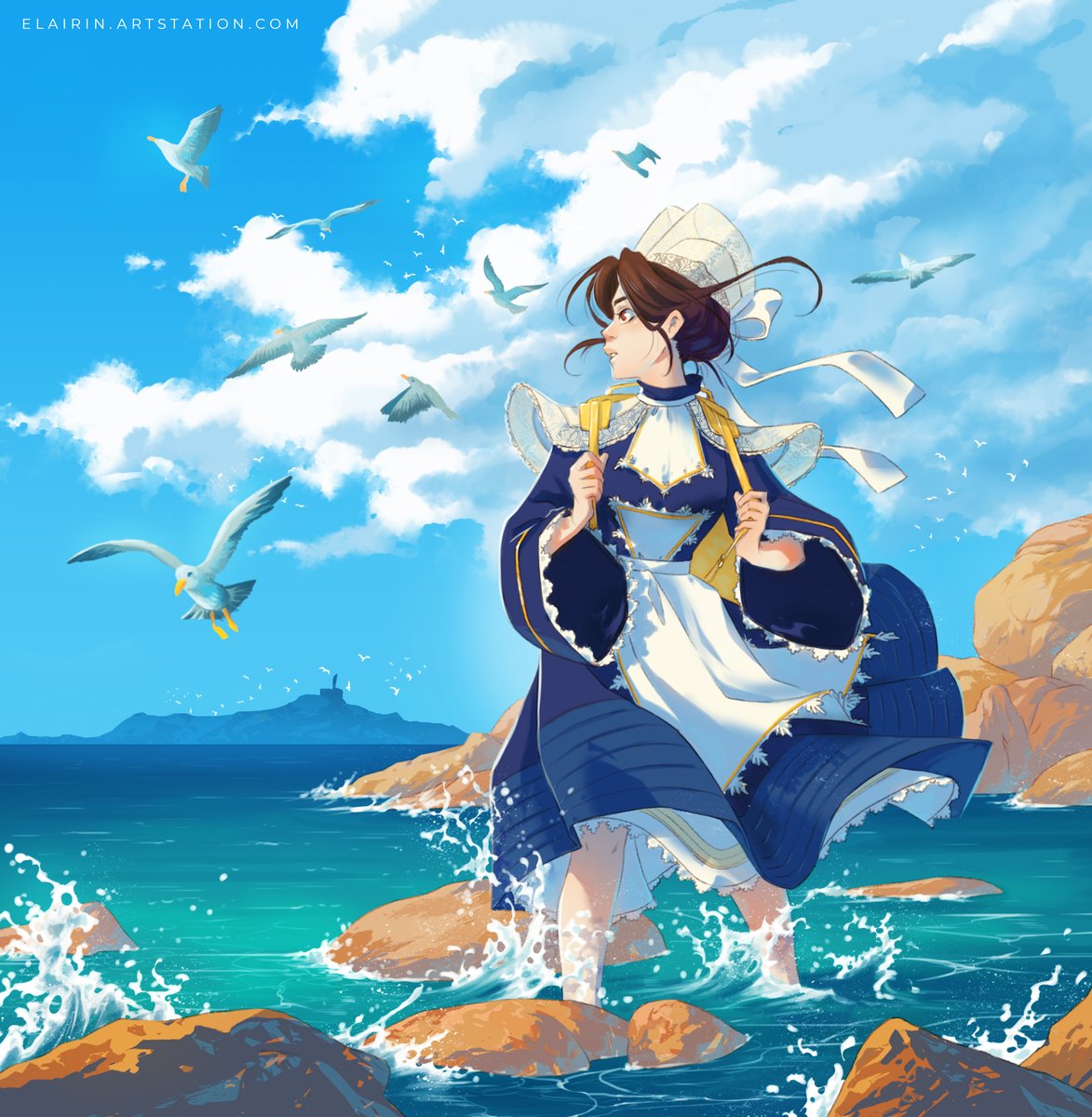 ElairinArtist's tweet photo. “Dance with the waves, move with the sea, let the rhythm of the water set your soul free.” - Christy Ann Martine
-------
I wanted to represent a woman in a Bigouden headdress from French Brittany (as I come from this region).
Seagulls were made using the cutout pack by @pixelref https://t.co/F2yWiUxUoZ