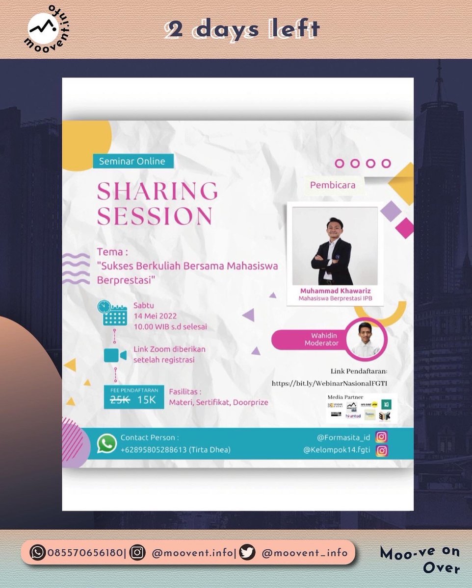 moovent_info's tweet photo. 𝐈𝐍𝐈 | Info Terkini •Webinar•

Ayo! ikuti 𝐒𝐞𝐦𝐢𝐧𝐚𝐫 𝐎𝐧𝐥𝐢𝐧𝐞 “𝐒𝐮𝐤𝐬𝐞𝐬 𝐁𝐞𝐫𝐤𝐮𝐥𝐢𝐚𝐡 𝐁𝐞𝐫𝐬𝐚𝐦𝐚 𝐌𝐚𝐡𝐚𝐬𝐢𝐬𝐰𝐚 𝐁𝐞𝐫𝐩𝐫𝐞𝐬𝐭𝐚𝐬𝐢”

Bersama bercerita, berbagi kisah, pengalaman menjadi mahasiswa dengan segudang perjalanan organisasi, https://t.co/LOlInCQuk4