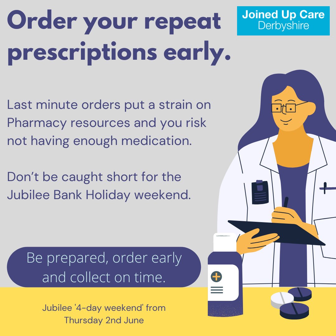 royalhospital's tweet photo. With a four-day weekend coming up to celebrate The #queensjubilee, have you thought about your #repeatprescriptions?
It's important to make sure you have enough as early as possible to avoid delays in getting your prescriptions.
https://t.co/Wv1yY0s9VC https://t.co/XjplDYVXfP
