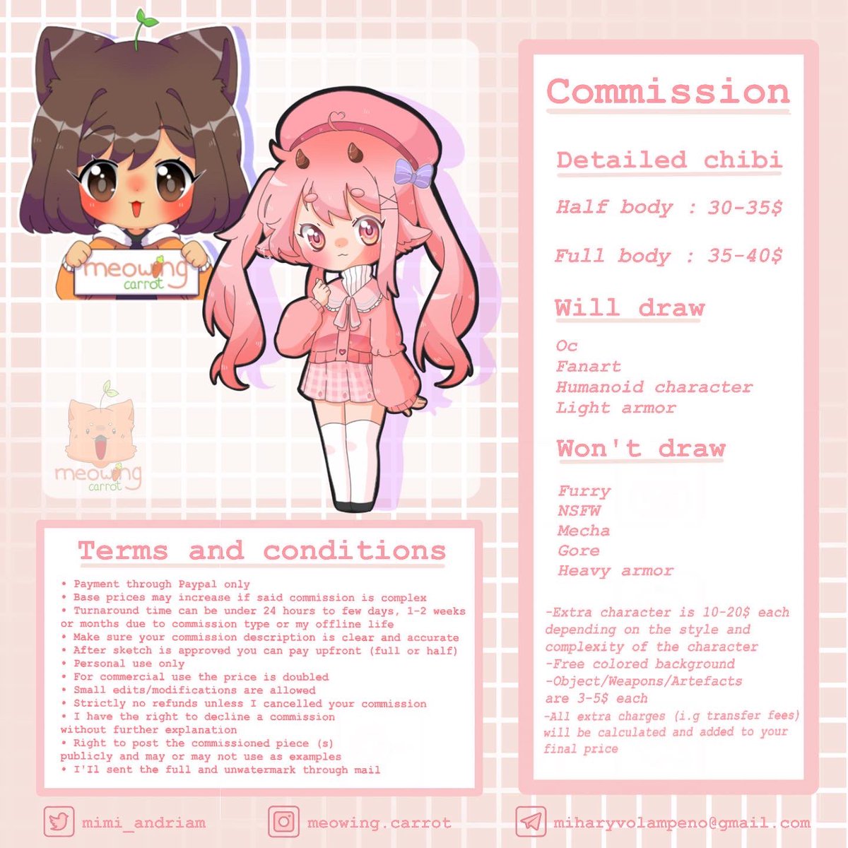 mimi_andriam's tweet photo. ✨ Commission ✨ 
Here’s all the info for my commissions :3
If you have any questions or are interested in commissioning don’t hesitate to hmu 
Rt/likes are highly appreciated 💙
#commissionsopen #commission #CommissionSheet #ArtistOnTwitter #artistinmauritius #malagasyartist https://t.co/XvevtOLIPm