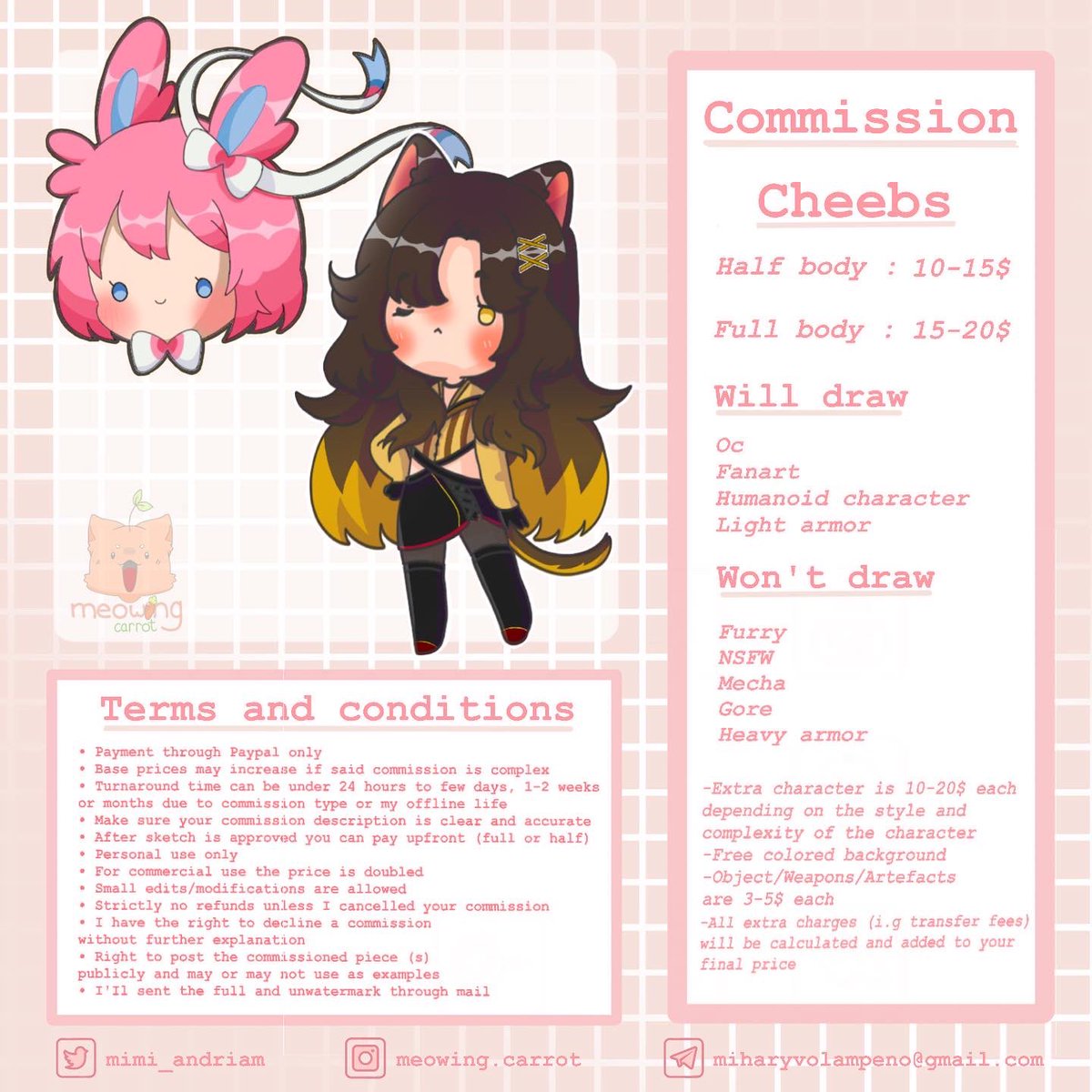 mimi_andriam's tweet photo. ✨ Commission ✨ 
Here’s all the info for my commissions :3
If you have any questions or are interested in commissioning don’t hesitate to hmu 
Rt/likes are highly appreciated 💙
#commissionsopen #commission #CommissionSheet #ArtistOnTwitter #artistinmauritius #malagasyartist https://t.co/XvevtOLIPm