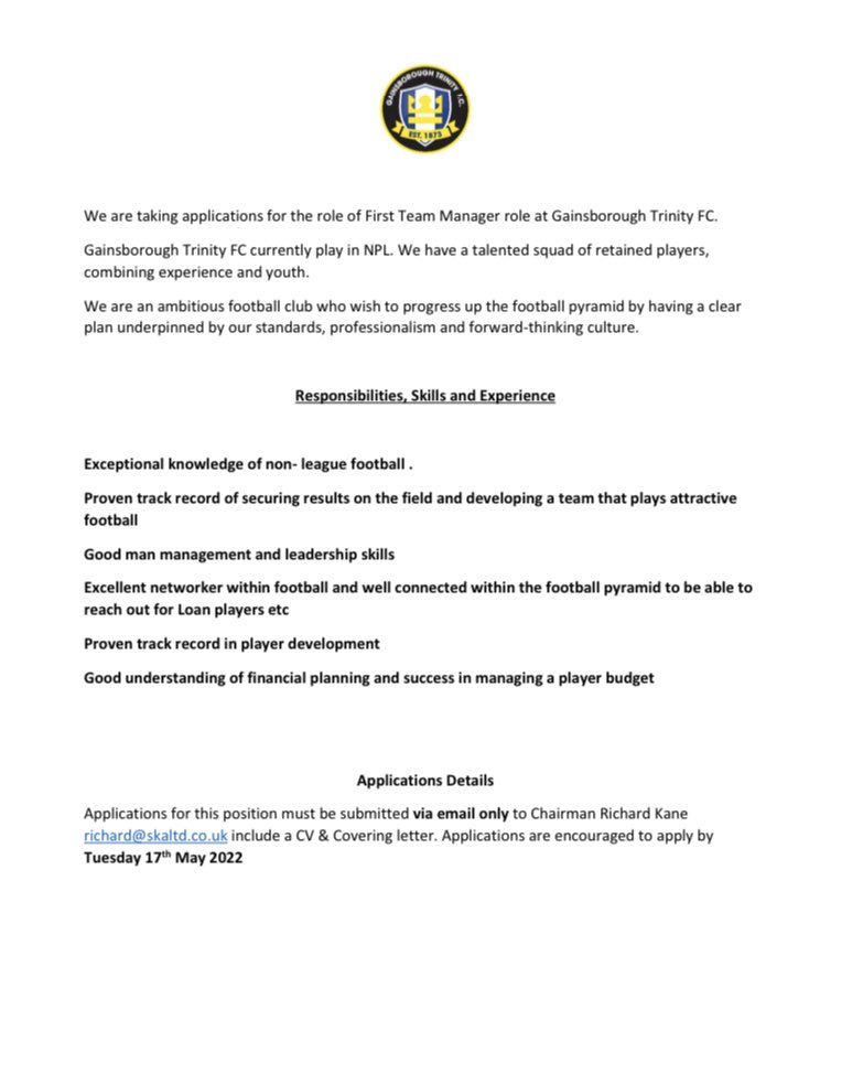GainsTrinityFC's tweet photo. Gainsborough Trinity are now inviting applications for the role of First Team Manager. 👇 https://t.co/UJjUSOl5sP