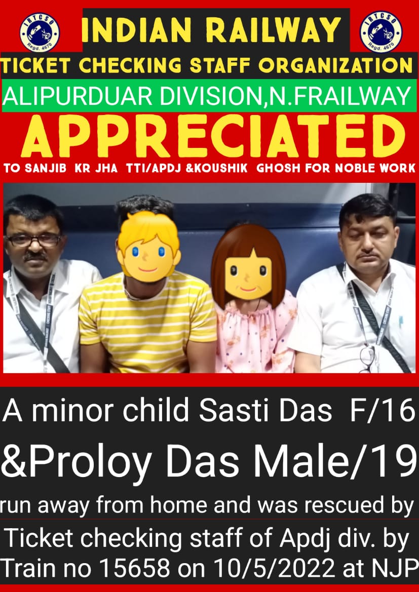 ApdjIrtcso's tweet photo. @drm_apdj 
@gm_nfr 
@RailNf 
@UmeshIRTS 
@irtcso 
@RailMinIndia Our ticket checking  Staffs of APDJ Mr Sanjib kr. jha &amp; Mr. Kaushik Ghosh  performed duty  by 15658 dn on 10/5/2022. They found &amp; rescued two  teenagers named  saisti Das F/16 &amp; Proloy das M/19 who ran away from home https://t.co/ci3poGxvFy