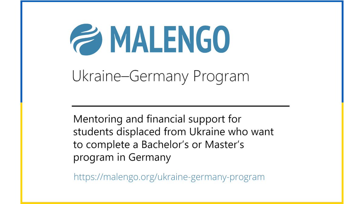 #GERMANY: Malengo's Ukraine–Germany Program offers mentoring and financial support for a Bachelor's or Master's program in Germany to students who were displaced from Ukraine. 
🌐malengo.org/ukraine-german…