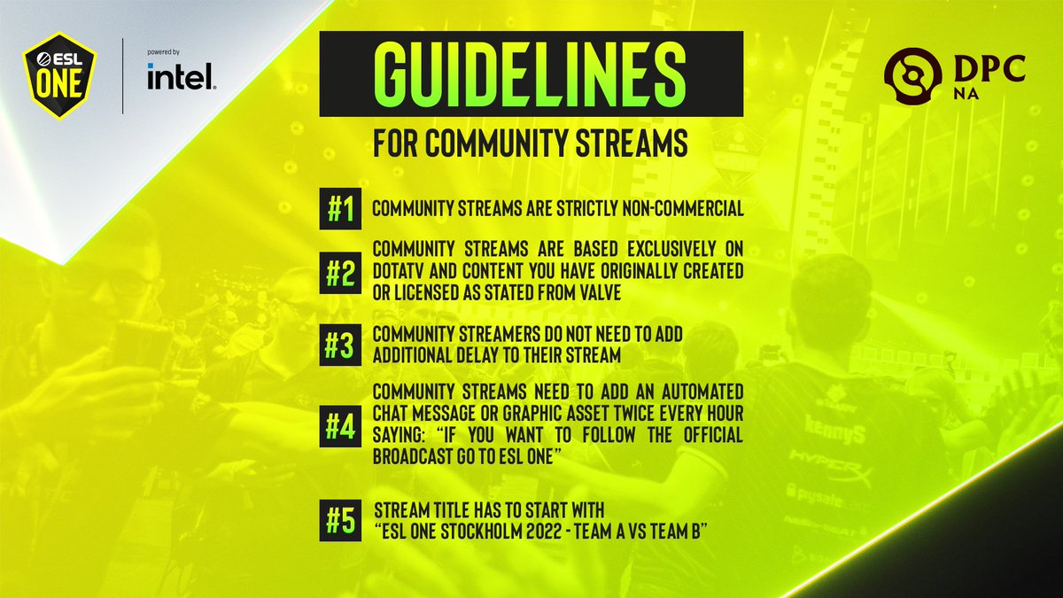 ESLDota2's tweet photo. Make sure to check out our Community Streaming guidelines for #ESLOne Stockholm! https://t.co/ACVeKVt9Uj