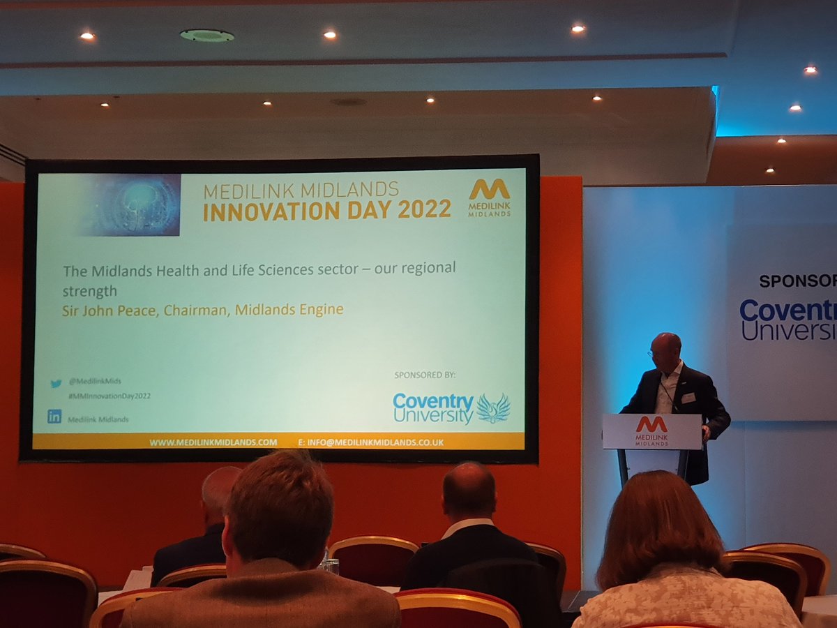 MidsHealth's tweet photo. Fantastic to hear Sir John Peace &amp; Prof Martin Levermore outlining today's unofficial theme- Collaboration

And plugging 2 upcoming @MidsHealth projects:
- the Midlands Health Inequalities Policy Commission
- the Midlands Health &amp; Life Science Symposium 2023

#MMInnovationDay2022 https://t.co/327MmlbgyE