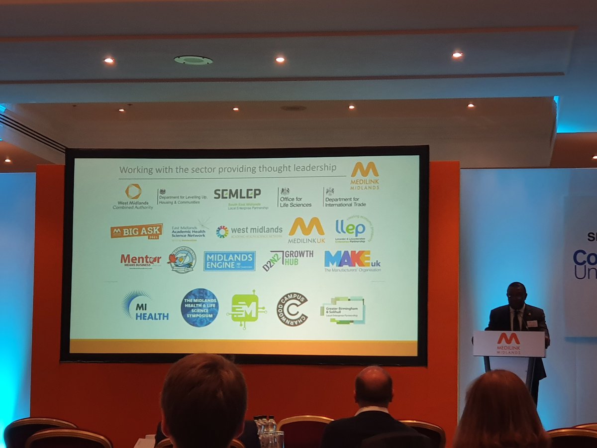 MidsHealth's tweet photo. Fantastic to hear Sir John Peace &amp; Prof Martin Levermore outlining today's unofficial theme- Collaboration

And plugging 2 upcoming @MidsHealth projects:
- the Midlands Health Inequalities Policy Commission
- the Midlands Health &amp; Life Science Symposium 2023

#MMInnovationDay2022 https://t.co/327MmlbgyE
