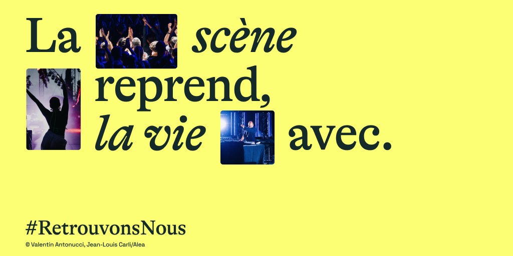 sacem's tweet photo. Après deux ans d'arrêt, les salles de concert, les festivals, les cabarets, les théâtres sont ravis de vous accueillir pour partager à nouveau ensemble l'expérience et les émotions du live 🎶💃🎤🎭

La scène reprend, la vie avec : #RetrouvonsNous ! 

➡ https://t.co/AcRjc1kvfm https://t.co/syYs2JTGoY