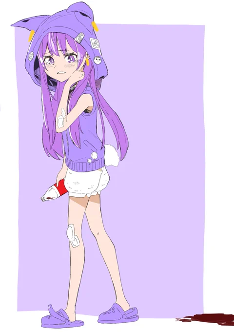 星鏡MV妄想絵のルルちゃんです。近所でモデルさんの撮影があると聞いて走って行ったら、転んでコーラをこぼして泣いてしまったルルリカ。通りすがりの夢を研究しているという大学生に手当してもらった。 #ルールル美術館 