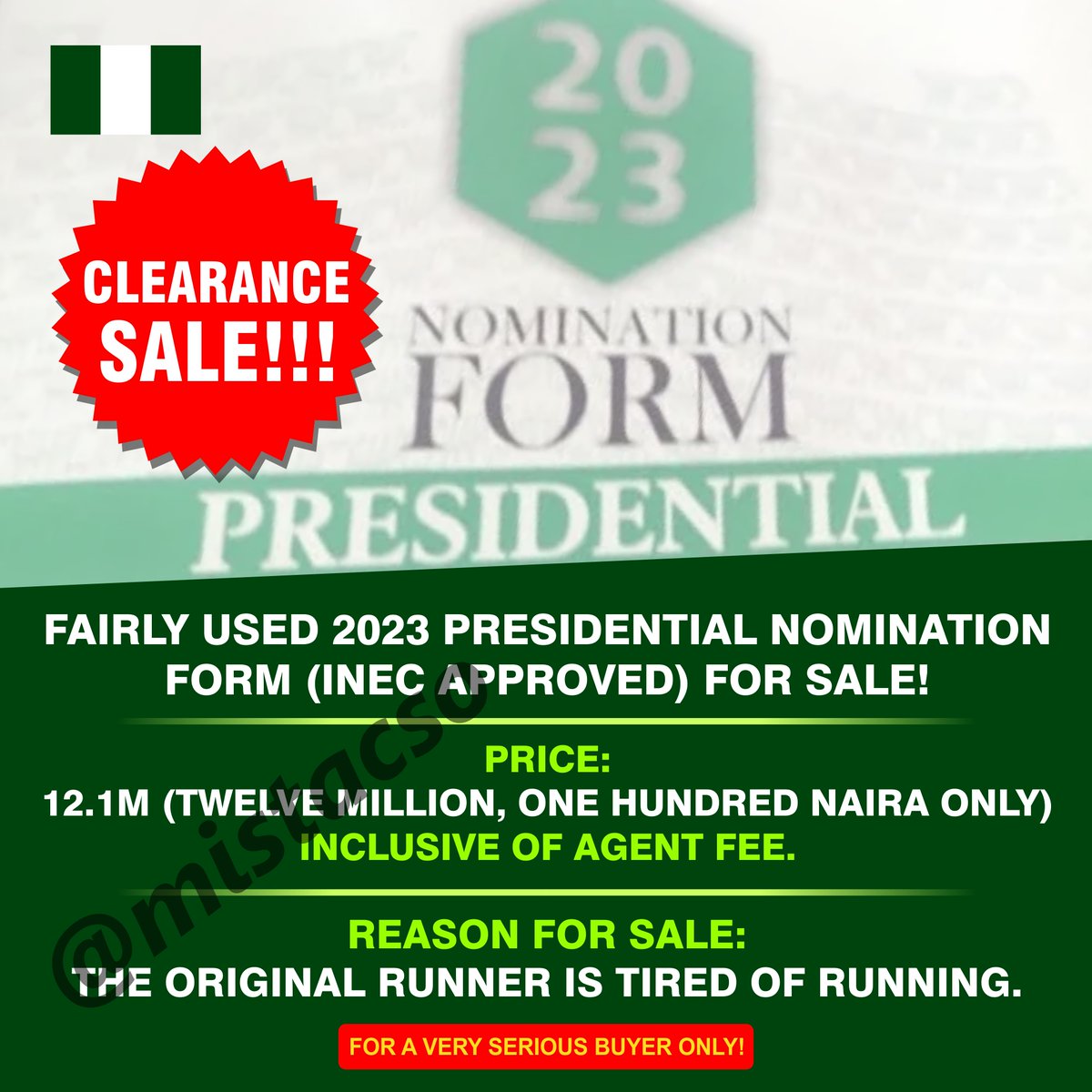 mistacso's tweet photo. CLEARANCE SALE!!!
#2023PresidentialNominationForm
#Channel4News https://t.co/Wo47mO37uo