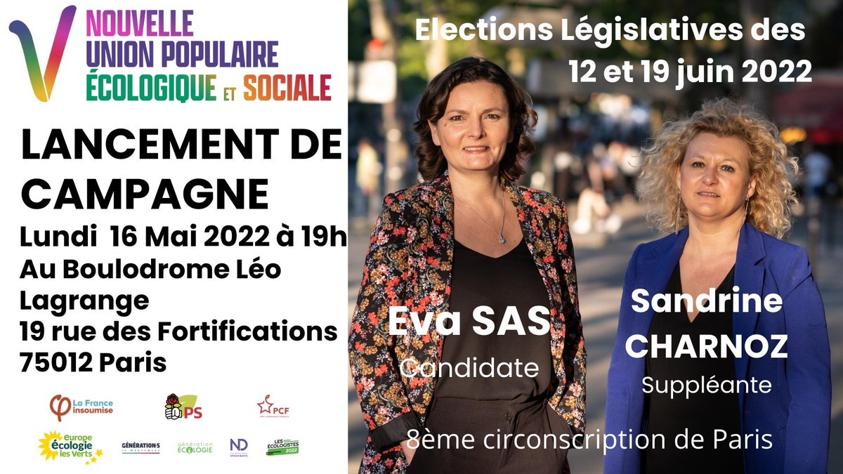 📢 Lundi prochain c'est le lancement de campagne d'<a href="/_EvaSas/">Eva SAS</a> et <a href="/SCharnoz/">Sandrine Charnoz 👩‍🎤</a> pour la #NUPES sur la 8e circonscription de Paris ! Habitants et habitantes du 12e et du 20e rejoignez nous pour faire gagner l'écologie en juin 2022 ! 

📆 Lundi 16 mai à 19h 
🚩Boulodrome Léo Lagrange