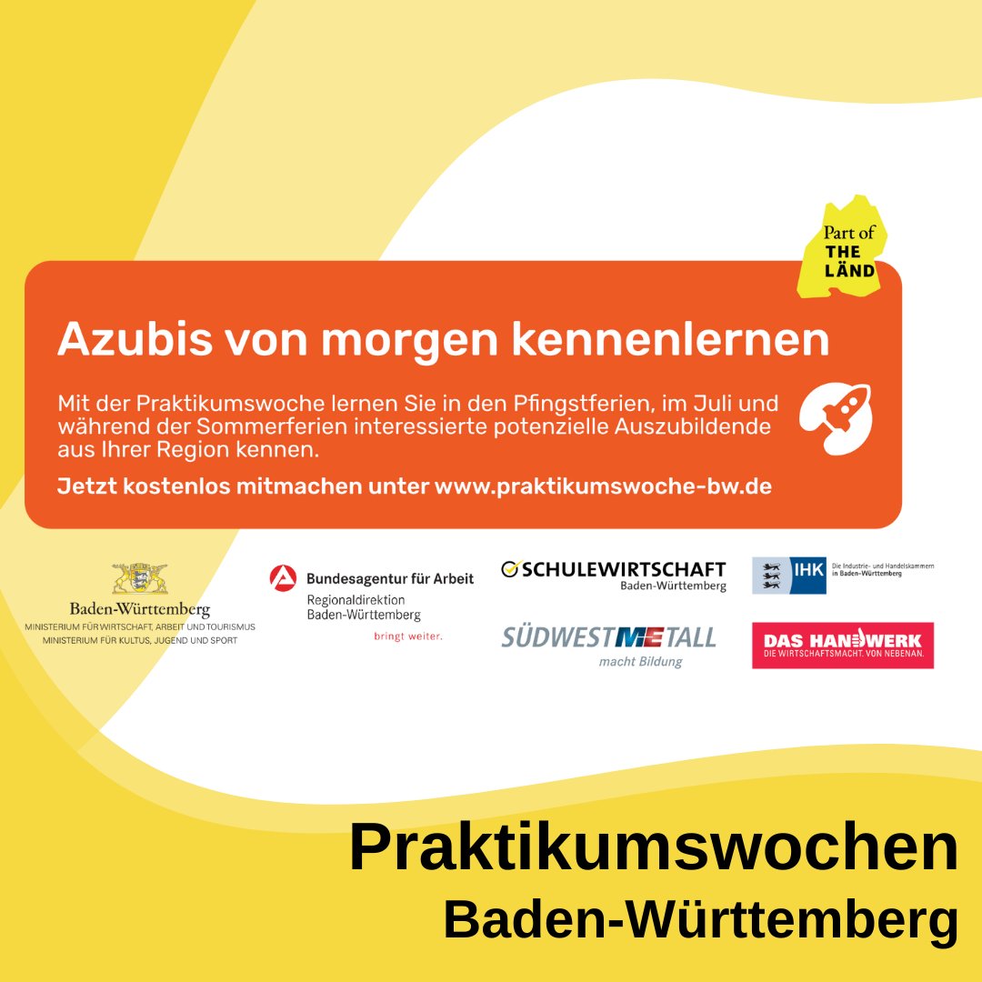SWBWnews's tweet photo. 📢Aktiv gegen #AzubiMangel 💪! Das Ausbildungsbündnis #BaWü hat eine zusätzliche, landesweite Praktikumsinitiative ins Leben gerufen. Unternehmen können jetzt Tagespraktika für die #Praktikumswochen BaWü schalten 👉 https://t.co/d5hFE9EteV Seien Sie mit dabei! #twlz #edubw https://t.co/WqApIGYWjb