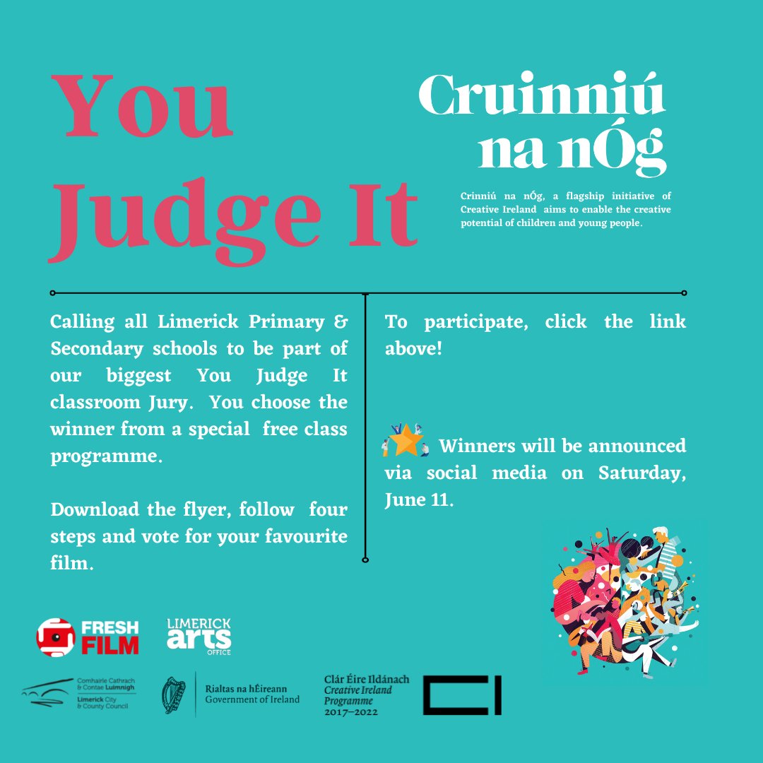 freshfilmie's tweet photo. As part of Cruinniú na nÓg, we are calling all schools in Limerick to take part in our biggest You Judge It classroom peer jury yet! 🎬😲

Get involved → https://t.co/sa1w83mzT4

@Limerick_ie @LimerickArts @creativeirl @artscouncil_ie #freshfilm #cruinniúnanóg #limerick #film https://t.co/oVUJKAD6k0
