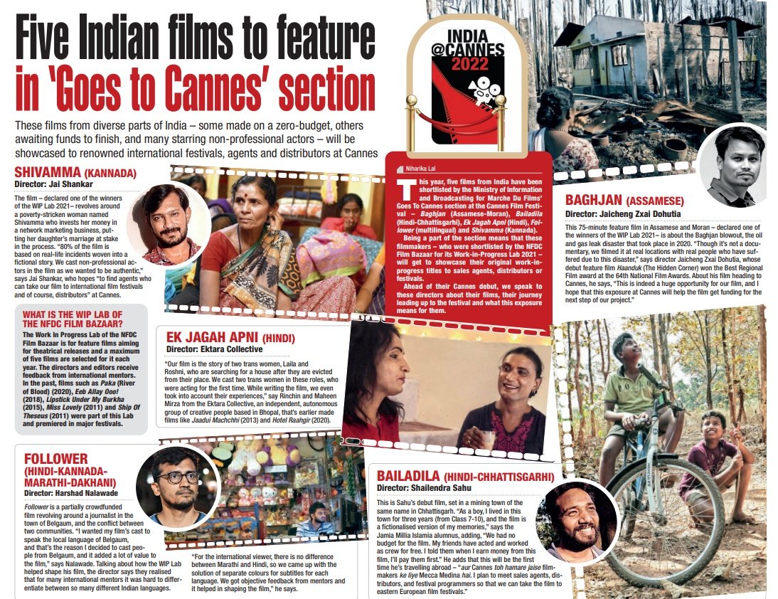 .<a href="/mdf_cannes/">Marché du Film</a>'s #GoesToCannes section to showcase five #Indian films, shortlisted by the <a href="/filmbazaarindia/">NFDC Film Bazaar</a> for its Work-in-Progress Lab 2021 

Read, as the directors speak about their films: bit.ly/39OC5B7

#Shivamma #Follower  #EkJagahApni #Baghjan #Bailadila #Cannes2022