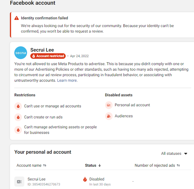 SecruiTech's tweet photo. @Meta @instagram I can't verify my identity, request review, and restore my ad features,can you teach me how to solve it?I have no ways to contact you,please help me ,thank you so much!PLZ https://t.co/bf5crs8SOR