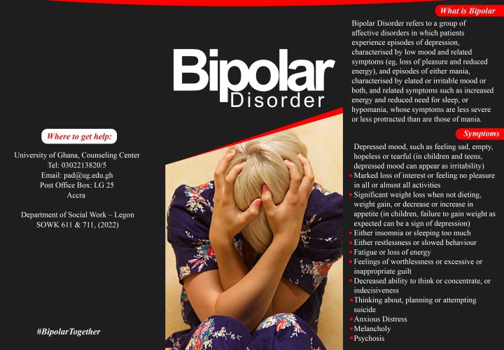 naadrewmor's tweet photo. Kindly read the brochure, and share your thoughts. In addition, help share for awareness creation on Bipolar Disorder.
The section on "Where to get help" was made specifically for Students in the University of Ghana. 

#BipolarTogether✊ https://t.co/AZ7Zy85uye