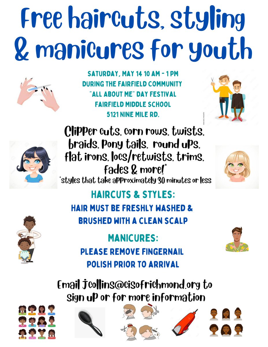 FairfieldFalcons (@gofmsfalcons) on Twitter photo Free haircuts, styling and manicures for all youth at "All About Me" Day this Saturday!
<a href="/Jenniferlynneco/">Jennifer Collins</a> Free haircuts, styling and manicures for all youth at "All About Me" Day this Saturday!
<a href="/Jenniferlynneco/">Jennifer Collins</a>