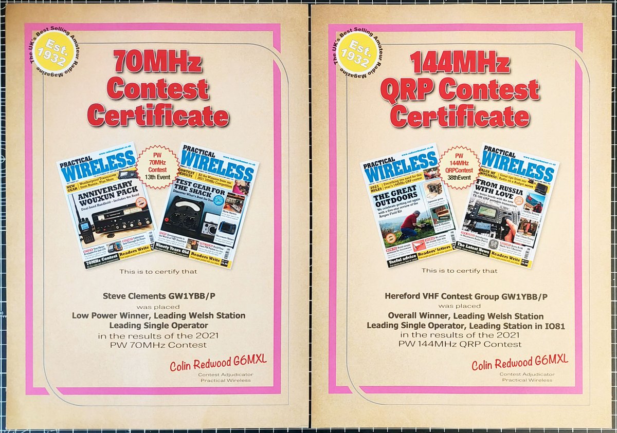 G1YBB_uk's tweet photo. #Certicates came today for the #2021 #PW #Practical #Wireless #144MHz #QRP &amp; #70MHz #contests. https://t.co/RLme5jOzHu