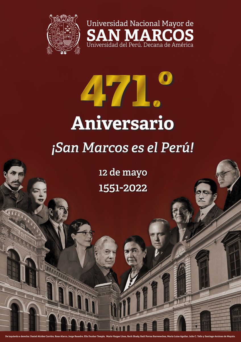 UNMSM_'s tweet photo. 🇵🇪🔝 ¡𝑺𝒐𝒎𝒐𝒔 𝑺𝒂𝒏 𝑴𝒂𝒓𝒄𝒐𝒔! ¡𝑺𝒐𝒎𝒐𝒔 𝒆𝒍 𝑷𝒆𝒓ú! Como primera universidad del país y Decana de América, es un orgullo celebrar nuestro 471.° aniversario de fundación. 

#471AniversarioUNMSM

🎊🎉 ¡𝐅𝐞𝐥𝐢𝐳 𝟒𝟕𝟏.° 𝐚𝐧𝐢𝐯𝐞𝐫𝐬𝐚𝐫𝐢𝐨! https://t.co/CBRN7Ijw7L