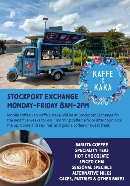 If you're down at #StockportExchange make sure you grab a @kaffeandkaka scandi-themed coffee &amp; cake from their Piaggio van!