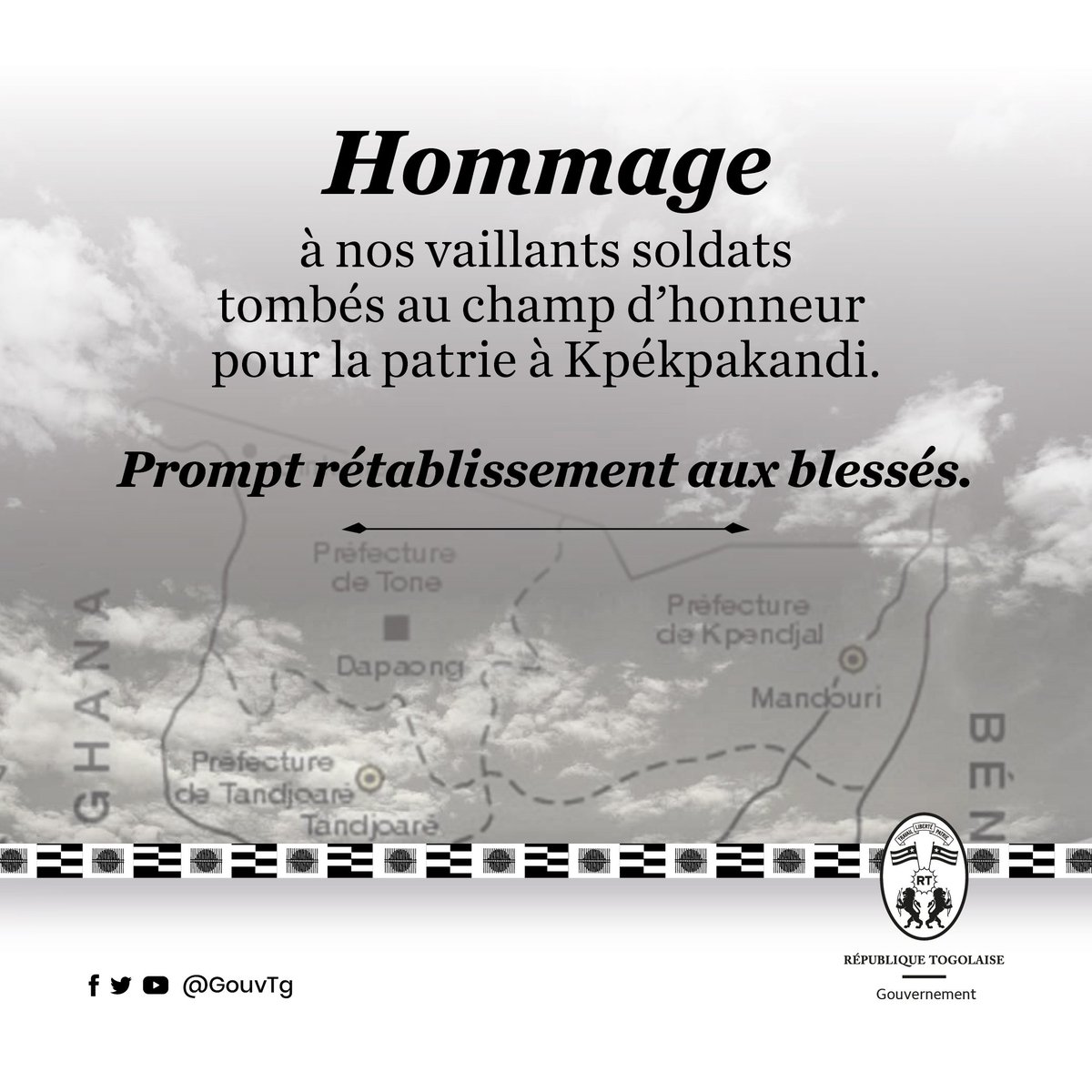 GouvTg's tweet photo. Hommage à nos vaillants soldats tombés au champ d'honneur pour la patrie à #Kpékpakandi. 

Prompt rétablissement aux blessés.
#Denyigban https://t.co/N3iFtzIxrc