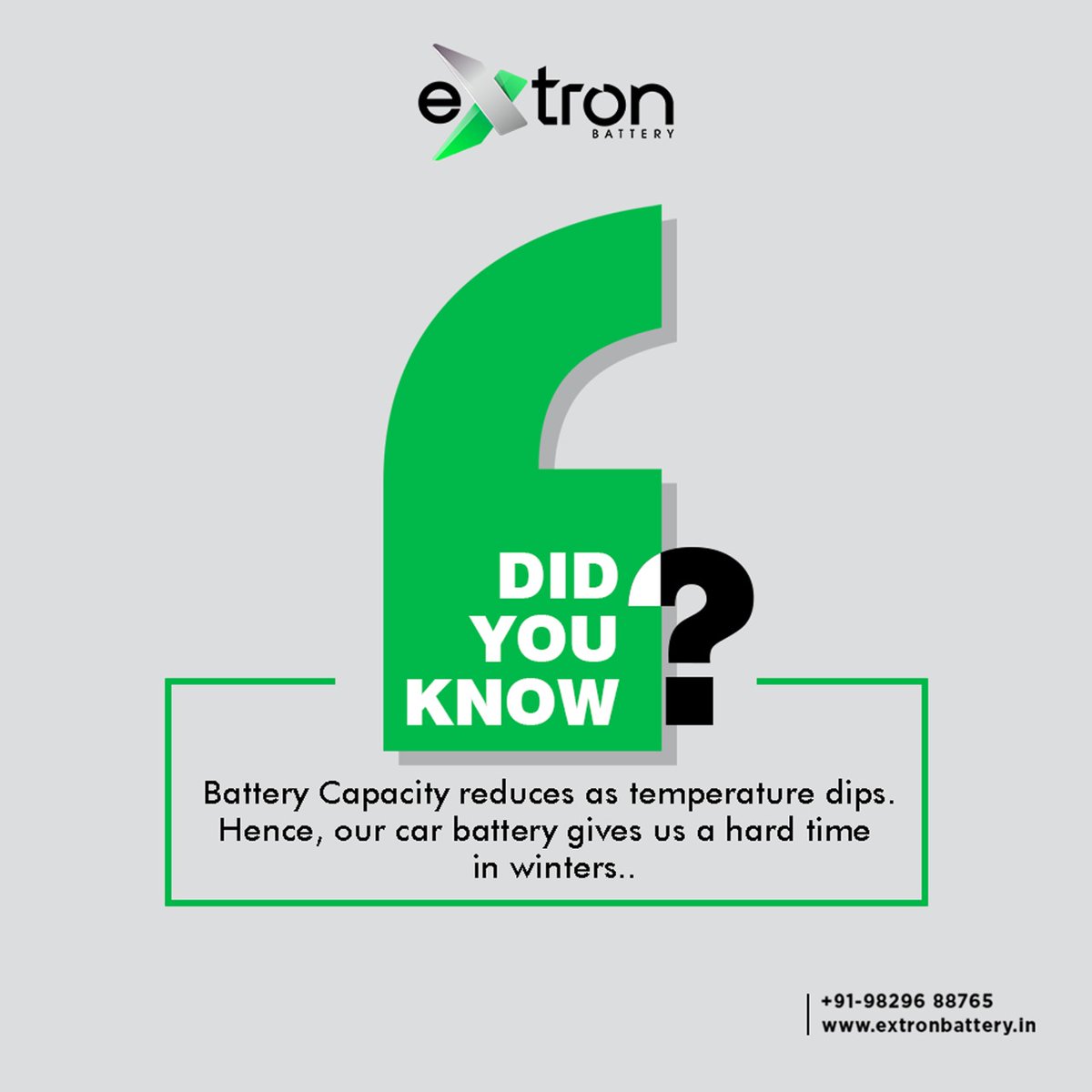 extronbattery's tweet photo. Lower the temperature less will be the battery capacity.
Hence keep your batteries protected in winters.
.
Visit us at https://t.co/wjxGWs9H3C
Call us at 9829688765
.
#extronbattery #inverterbattery #automotivebattery #batterymanufacture #homebattery #leadacidbattery #DidYouKnow https://t.co/FzQQIC3AcR
