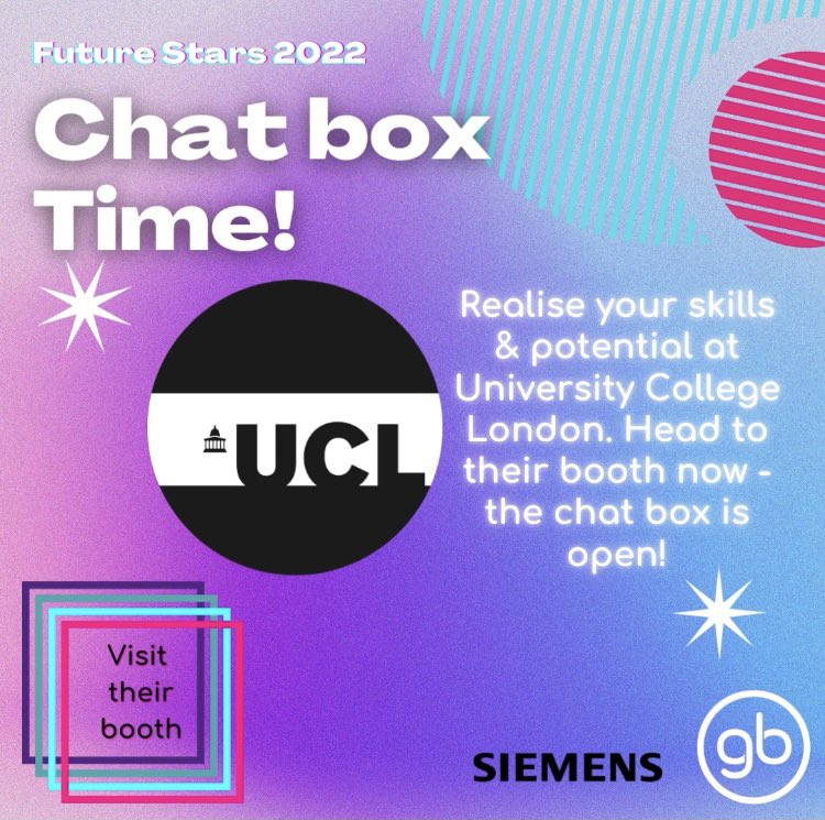 globalbridgeltd's tweet photo. It’s 11.30….it’s LIVE chat box time!
Check out all the @ucl has to offer head to their virtual booth NOW! The chat box is open!
A top-ranking university in the centre of London, enriching students culturally & academically.
#gbfuturestars #university https://t.co/bwp2wC9z32