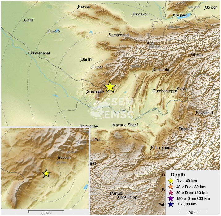 LastQuake's tweet photo. #Earthquake (#землетрясение) confirmed by seismic data.⚠Preliminary info: M5.7 || 25 km SW of #Boysun (#Uzbekistan) || 8 min ago (local time 15:27:42). Follow the thread for the updates👇 https://t.co/oU6QRVPnCN