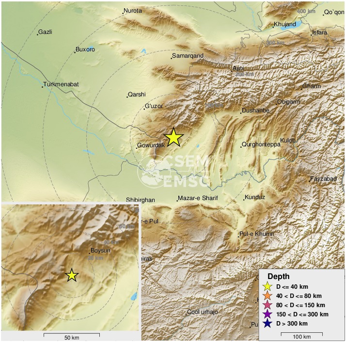 LastQuake's tweet photo. 🔔#Earthquake (#землетрясение) M5.6 occurred 25 km SW of #Boysun (#Uzbekistan) 8 min ago (local time 15:27:42). More info at:
📱https://t.co/LBaVNdVFgz
🌐https://t.co/UdnVrWq7Xh
🖥https://t.co/vebteY1uHj https://t.co/cepz1lwxMa