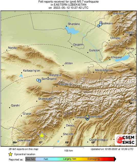 LastQuake's tweet photo. #Earthquake 25 km SW of #Boysun (#Uzbekistan) 9 min ago (local time 15:27:42). Colored dots represent local shaking &amp; damage level reported by eyeswitnesses. Share your experience via:
📱https://t.co/LBaVNedgF9
🌐https://t.co/UdnVrW8x5J https://t.co/J6yEqpWI5n