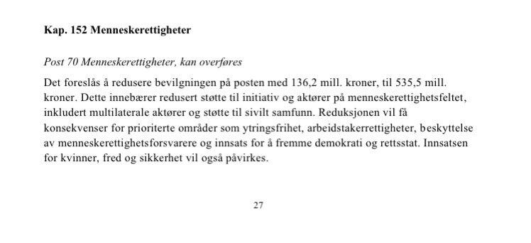 Putins krig fører til at Norge kutter støtten til satsinger på menneskerettigheter, ytringsfrihet, kvinners rettigheter, demokrati og rettstat med over 20 prosent! Det blir ikke færre autoritære ledere av dette <a href="/AHuitfeldt/">Anniken Huitfeldt</a> <a href="/jonasgahrstore/">Jonas Gahr Støre</a> #revidertnasjonalbudsjett @revidert