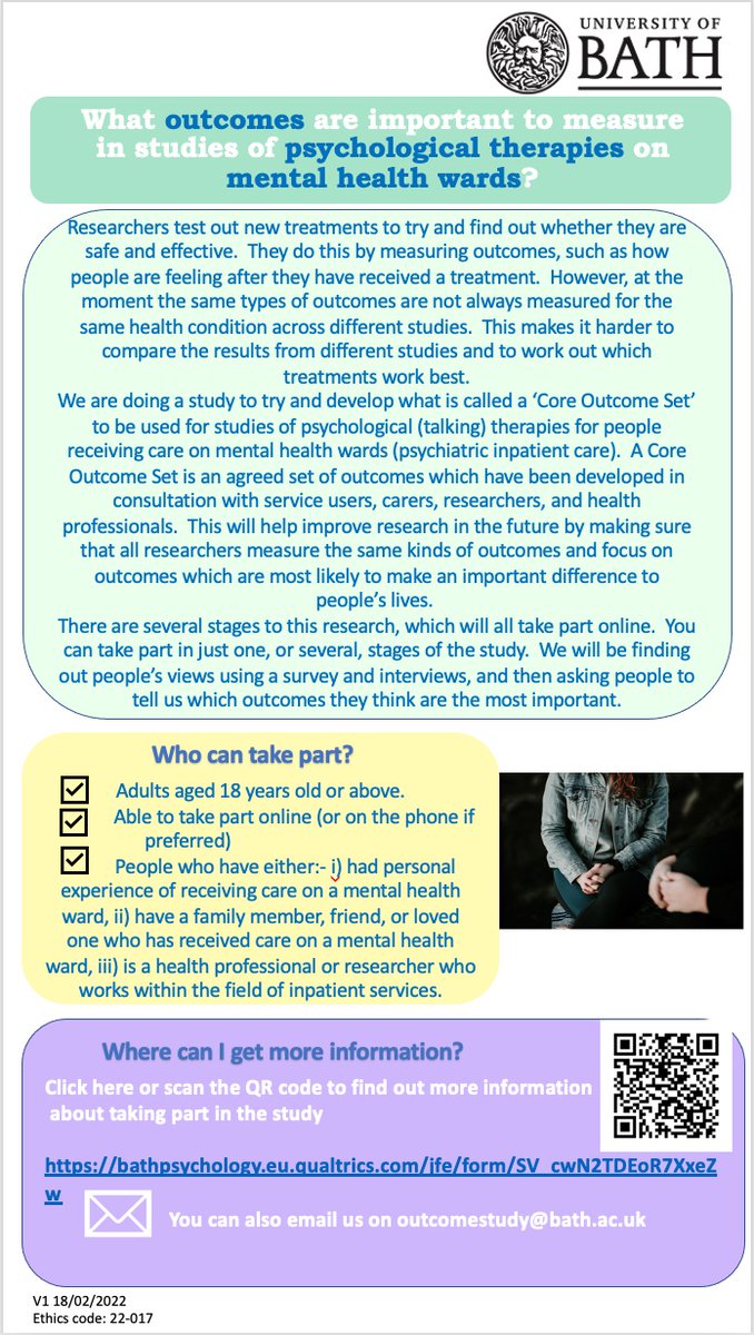 📣Brief Survey for #CoreOutcomeSet
What should we measure in studies of #talkingtherapies in #mentalhealth #inpatientwards?  
👀👂We want to hear from #peoplewithpersonalexperience,  #healthcareprofessionals and #researchers! #MentalHealthAwarenessWeek 
➡️bathpsychology.eu.qualtrics.com/jfe/form/SV_cw…