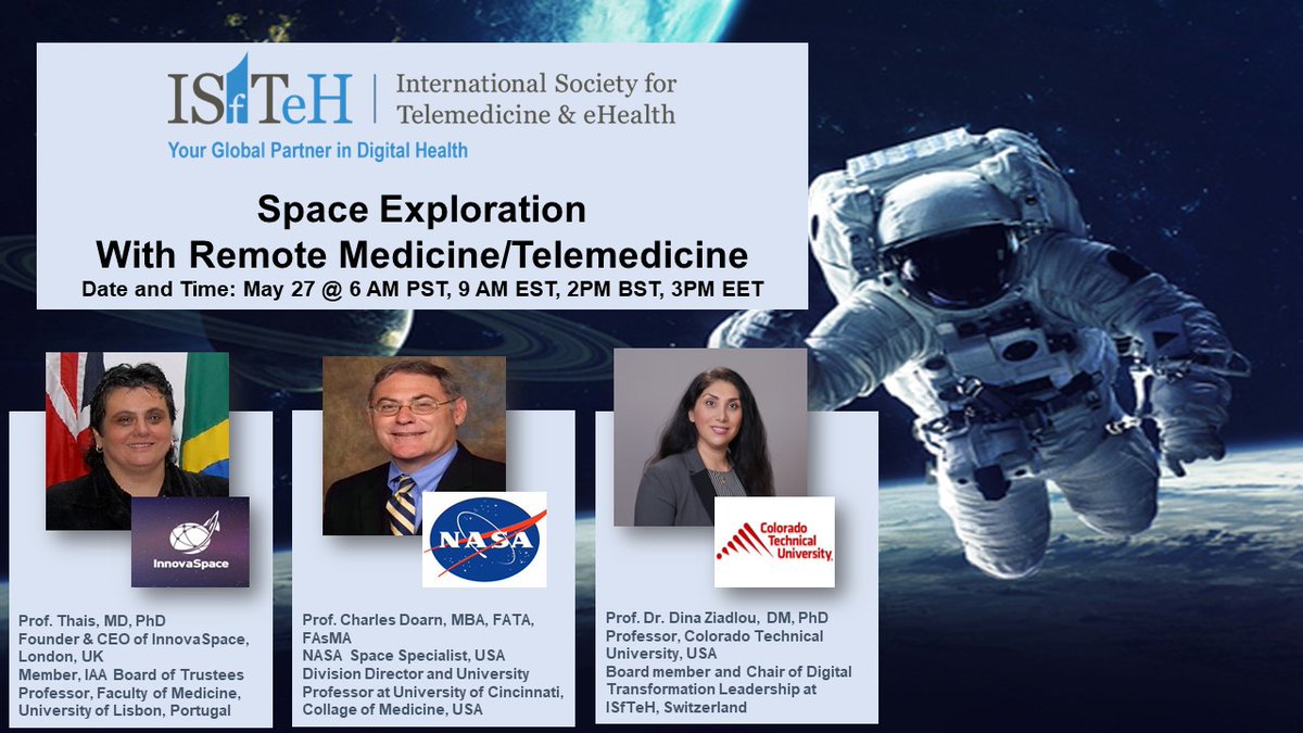 "Space exploration with #telemedicine" - webinar on May 27. Digital transformation in space travel has led to extraordinary accomplishments and has advanced access to healthcare on earth. Join experts from <a href="/NASA/">NASA</a> #ISfTeH @InnovaSpaceNews
Register at: us02web.zoom.us/webinar/regist…